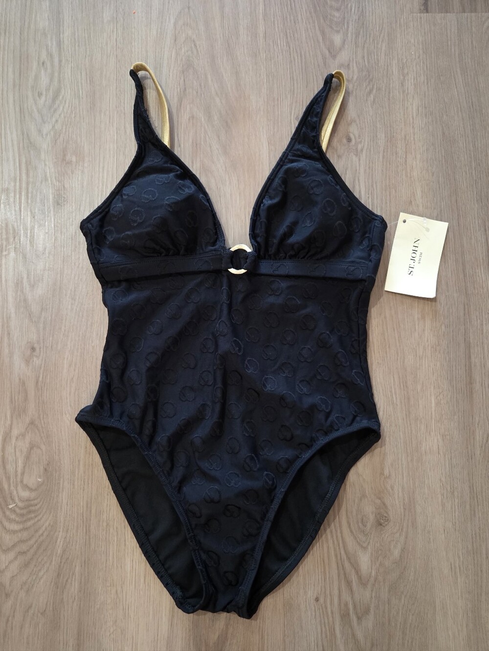 NWT St. John Swim Logo Jacquard Blk One-Piece Swimsuit 4 Vacay Old Money Resort